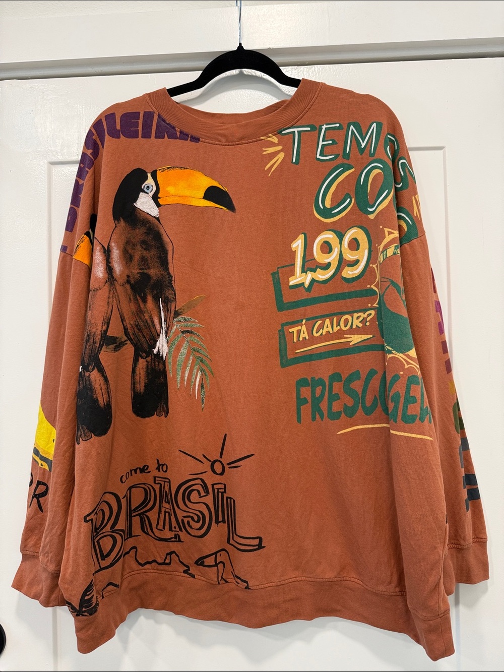 FARM Rio Rust Graphic Crewneck Sweater with Toucan Print size large